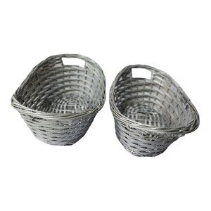 Set Of 2 Vintage Oval Nesting Wicker Baskets Silver Stacking Storage Organizing